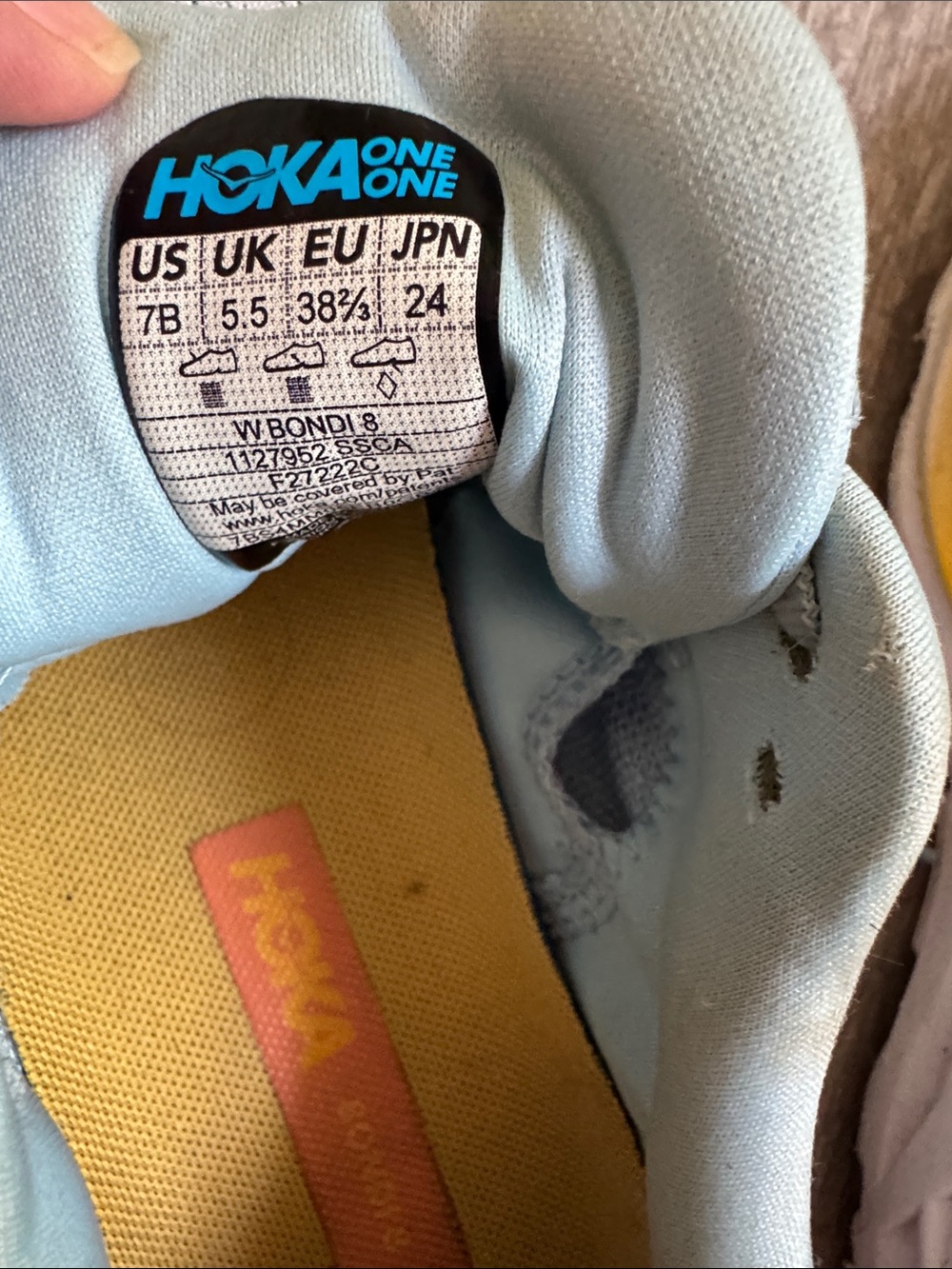 Hoka Bondi 8 Women's Pale Blue & Yellow Cushioned Running Shoes with Coral Logo - Picture 10 of 10